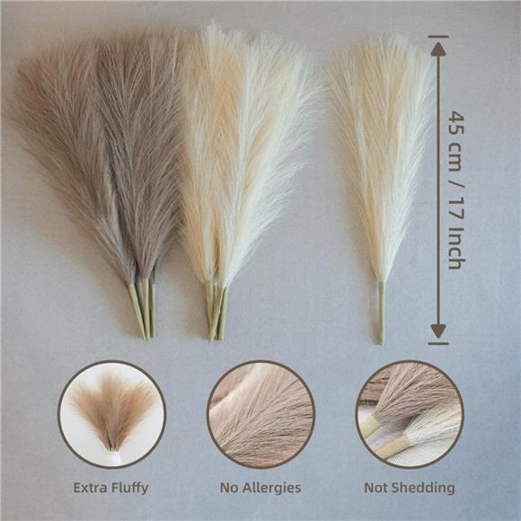 Pampas Grass Decor Fluffy Faux Pampas Grass 5 Stem 18"/45cm Pompous Grass Small - Picture 2 of 6